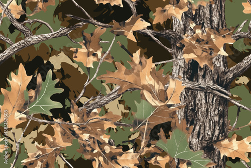 Woodland hunting camouflage seamless pattern with tree bark. Camouflage pattern background for hunting and military purposes. Vector camo. Digital camouflage background. Mossy oak tree pattern