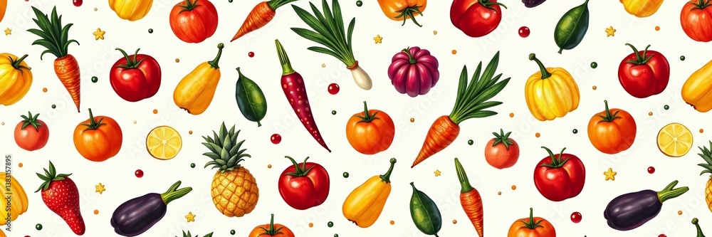 Colorful hand-drawn fruits and vegetables seamless pattern for kitchen decor, food blog, healthy lifestyle, pattern, vegetables, vector