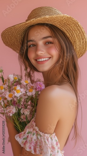 Young Woman Wearing a Straw Hat Smiles Brightly Against a Pink Background Wit...