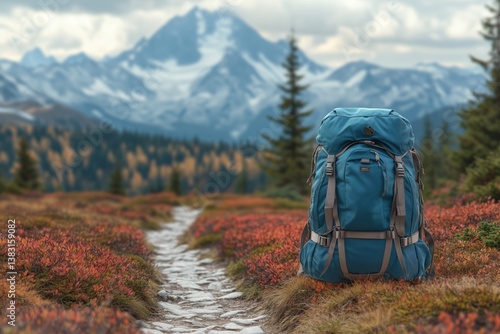 Stunning Mountain Trail at Sunset With Backpack Resting on a Rocky Path