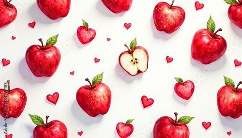 Colorful watercolor pattern with red apples and heart shapes, love, fruit