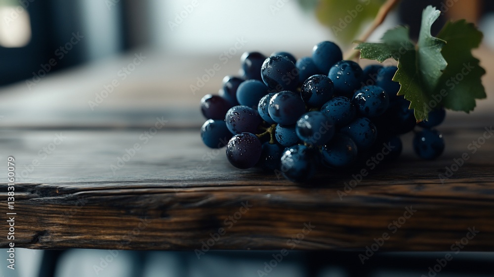 Dark Grapes bunch with water drops on rustic wooden table surface closeup Dark Grapes bunch with water drops on rustic wooden table surface closeup