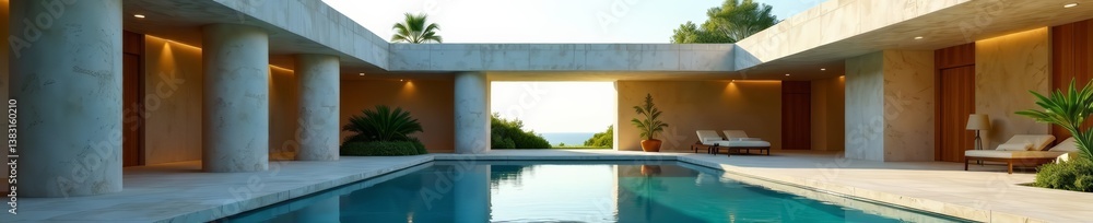 Fototapeta premium Contemporary architecture structure featuring round columns and an open passage next to a tranquil pool, columns, outdoor, building