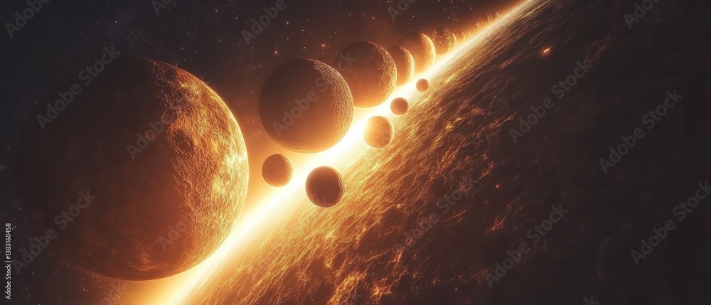 Obraz premium Ethereal cosmic vista showcasing a celestial alignment of fiery planets in a radiant space landscape evoking wonder and exploration