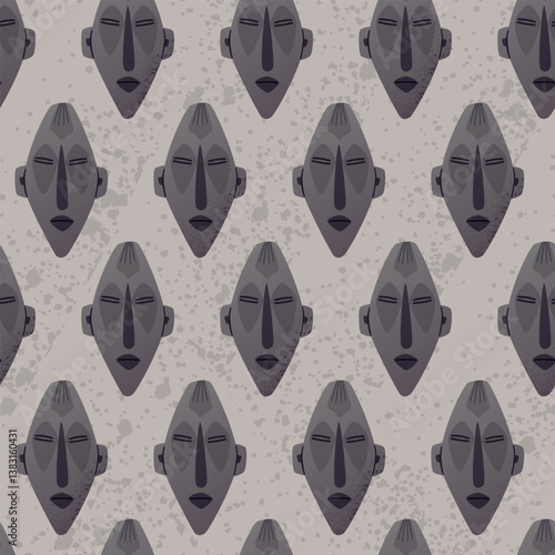 Vector cartoon seamless pattern of an ancient tribal mask in dark stone texture. Ethnic ceremonial artifact with abstract facial features, inspired by traditional African craftsmanship.