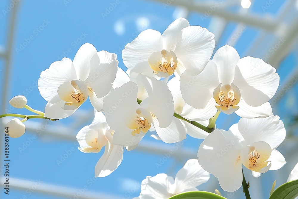 White orchids bloom with sunny greenhouse. White orchids bloom with sunny greenhouse.