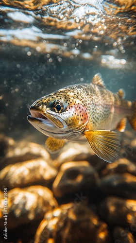 Trout Swimming Gracefully in Clear Underwater Environment With Sunlight Rays ...