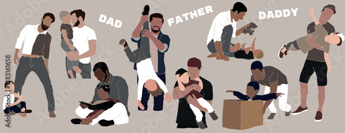 Vector freehand abstract cute Fathers Day banner featuring father, son and daughter in pastel tones. Style flat, minimalism, line art. Hand drawn daddy painting. Clipart, set