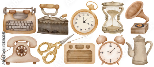 Watercolor Vintage Antique Object Illustration Set Hand Painted Typewriter Gramophone Clock Hourglass Scissors Telephone Iron Teapot Radio Retro Clipart
