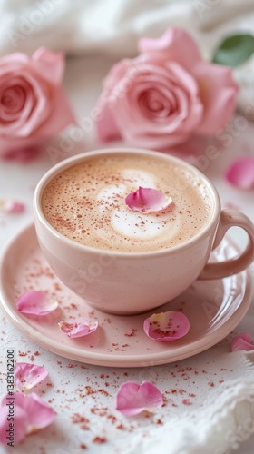 Delicate Pink Rose Petals Adorn a Cozy Cup of Coffee on a Soft Floral Tablecloth