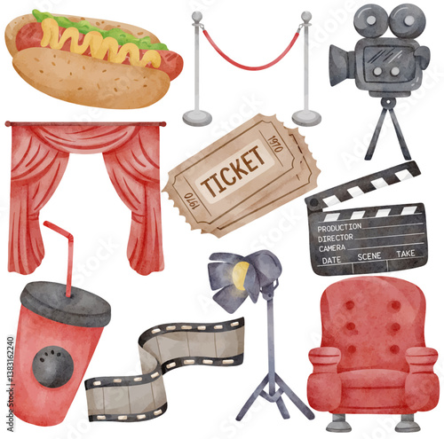 Watercolor Movie Theater Illustration Set Hand Painted Cinema Ticket Popcorn Hotdog Drink Clapper Film Reel Camera Red Curtain Art
