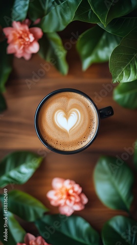 Delicate Heart-Shaped Latte Art in White Cup Surrounded by Pink Flowers and G...