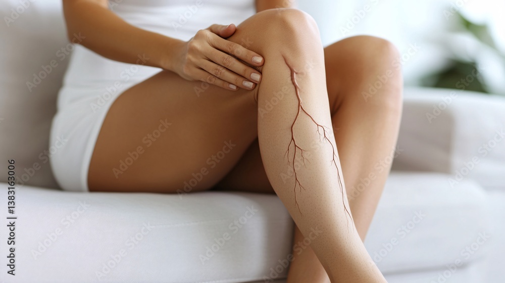 Fototapeta premium Woman sitting on sofa touching her leg showing varicose veins