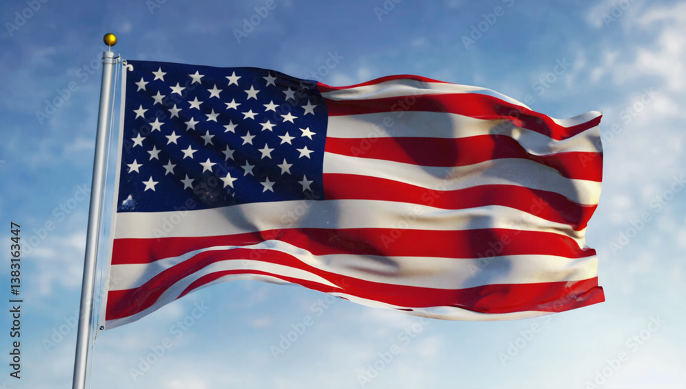 Stars and stripes fly high against a blue sky, representing freedom and democracy Stars and stripes fly high against a blue sky, representing freedom and democracy