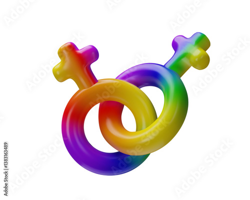 3d rainbow lesbian symbol. Three-dimensional vector illustration about female sex sign. Homosexual woman pictogram. Bisexual people. Pride month. Human rights freedom against discrimination.