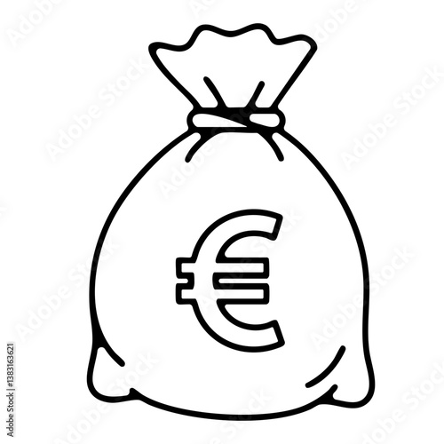 Stylized line art of a money bag with a neatly tied top and a large euro currency sign 