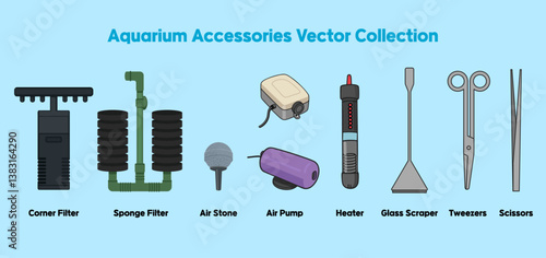 Flat Vector Icons of Aquarium Supplies and Maintenance Tools