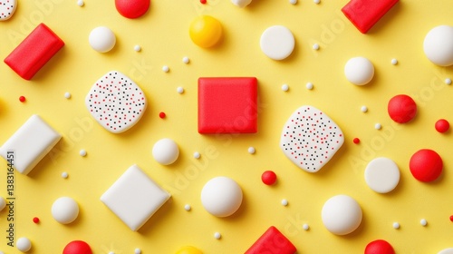 Colorful geometric shapes and dots on a yellow background.