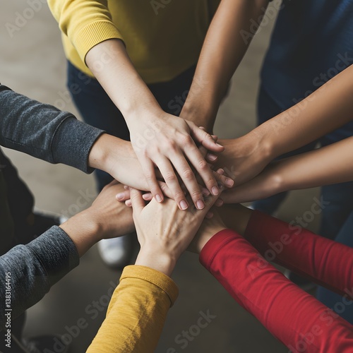 A group of people holding hands in a circle signifies teamwork and unity