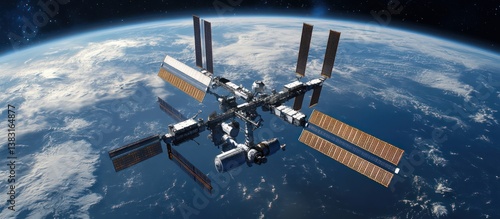 Fototapeta Naklejka Na Ścianę i Meble -  The orbital space station hovering above the beautiful blue Earth