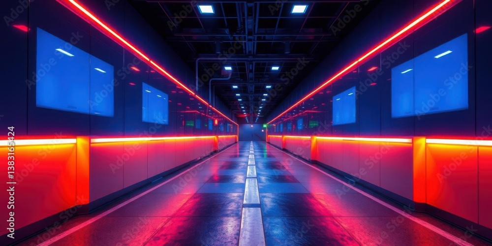 Futuristic Neon Tunnel Corridor Red Blue LED Lights Modern Architecture Futuristic Neon Tunnel Corridor Red Blue LED Lights Modern Architecture