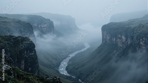 A haunting landscape of misty valley grand cliffs and a winding river captivating a feeling of isolated tranquility