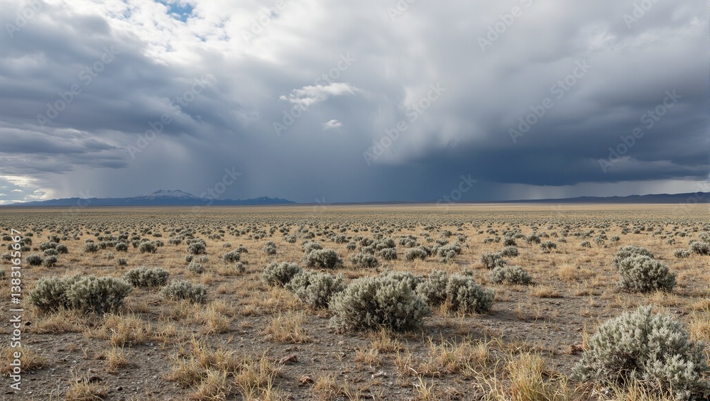Fototapeta premium Majestic steppe landscape under dramatic storm clouds showcasing resilient shrubs in harsh wind swept terrain