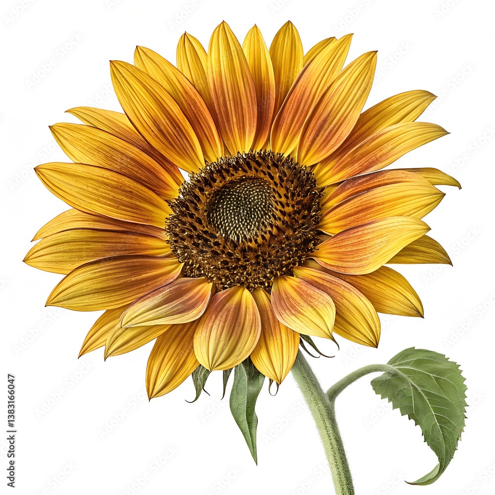 Naklejka premium Sunflower, single sunflower in full bloom, hyper-realistic, ultra-detailed petals with bright yellow and golden hues, detailed center, soft natural lighting, high resolution, white background 