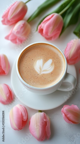 Colorful Tulips and a Latte With Heart Design on a White Table in a Cozy Setting