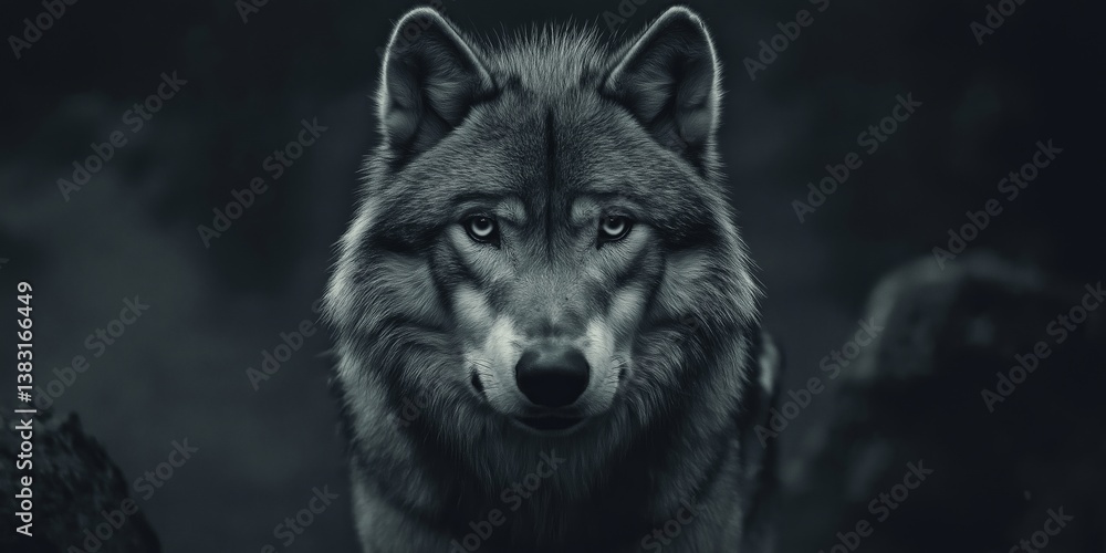 A captivating close-up of a wolf’s face capturing its intense gaze and majestic beauty in monochrome. A captivating close-up of a wolf’s face capturing its intense gaze and majestic beauty in monochrome.