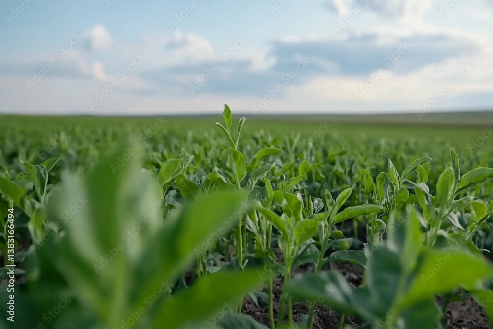 Fototapeta premium Farmer waters crops in a lush green field during a sunny day