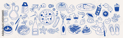 Hand drawn set of various Mediterranean food and drinks. Family dinner, picnic, breakfast with wine,   snacks and pasta. Table setting drawings for cafe or restaurant menus design. Vector illustration