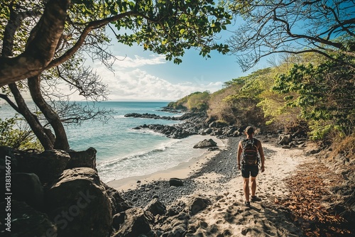 A hiker walks along a beautiful, serene coastal path leading to a hidden beach among lush greenery.