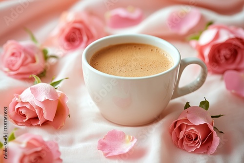 Coffee Cup Surrounded by Pink Roses on a Soft Fabric Surface in Morning Light
