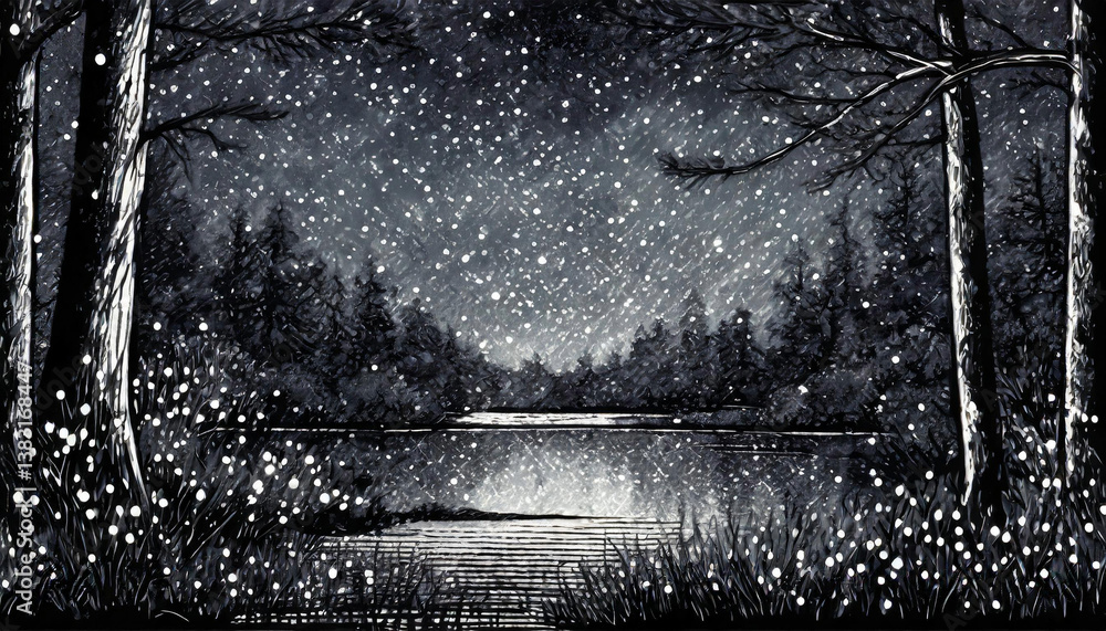Obraz premium Deep in the forest, beautifully twinkling little fireflies - 깊은 숲, 아름답게 반짝이는 작은 반딧불, 자연 풍경