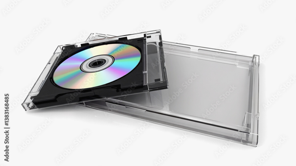 Colorful compact disc inside partially opened, transparent case, isolated on white Colorful compact disc inside partially opened, transparent case, isolated on white