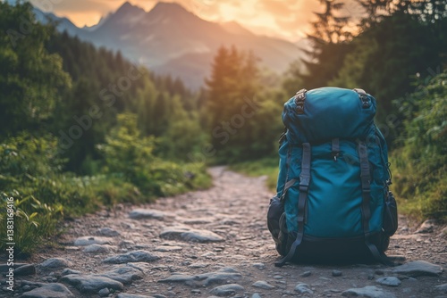 Stunning Mountain Trail at Sunset With Backpack Resting on a Rocky Path