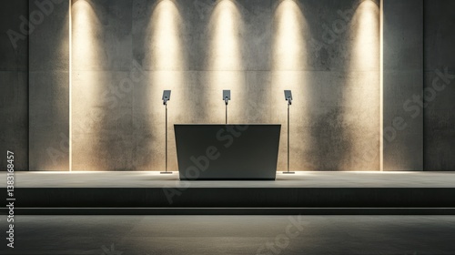 Empty podium stage with microphones under spotlights on a concrete wall.