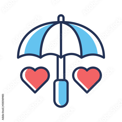 A captivating line style icon of rain romance umbrella with hearts