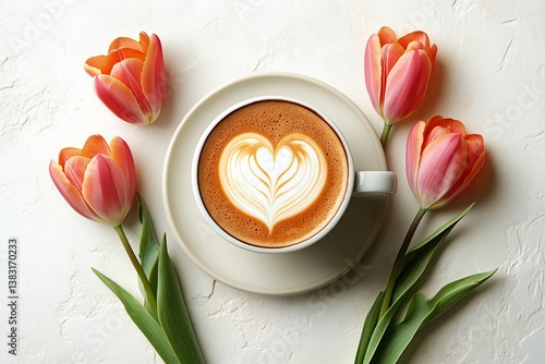 Colorful Tulips and a Latte With Heart Design on a White Table in a Cozy Setting
