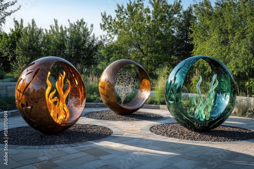 Themed sculptures representing the four elements in an outdoor installation