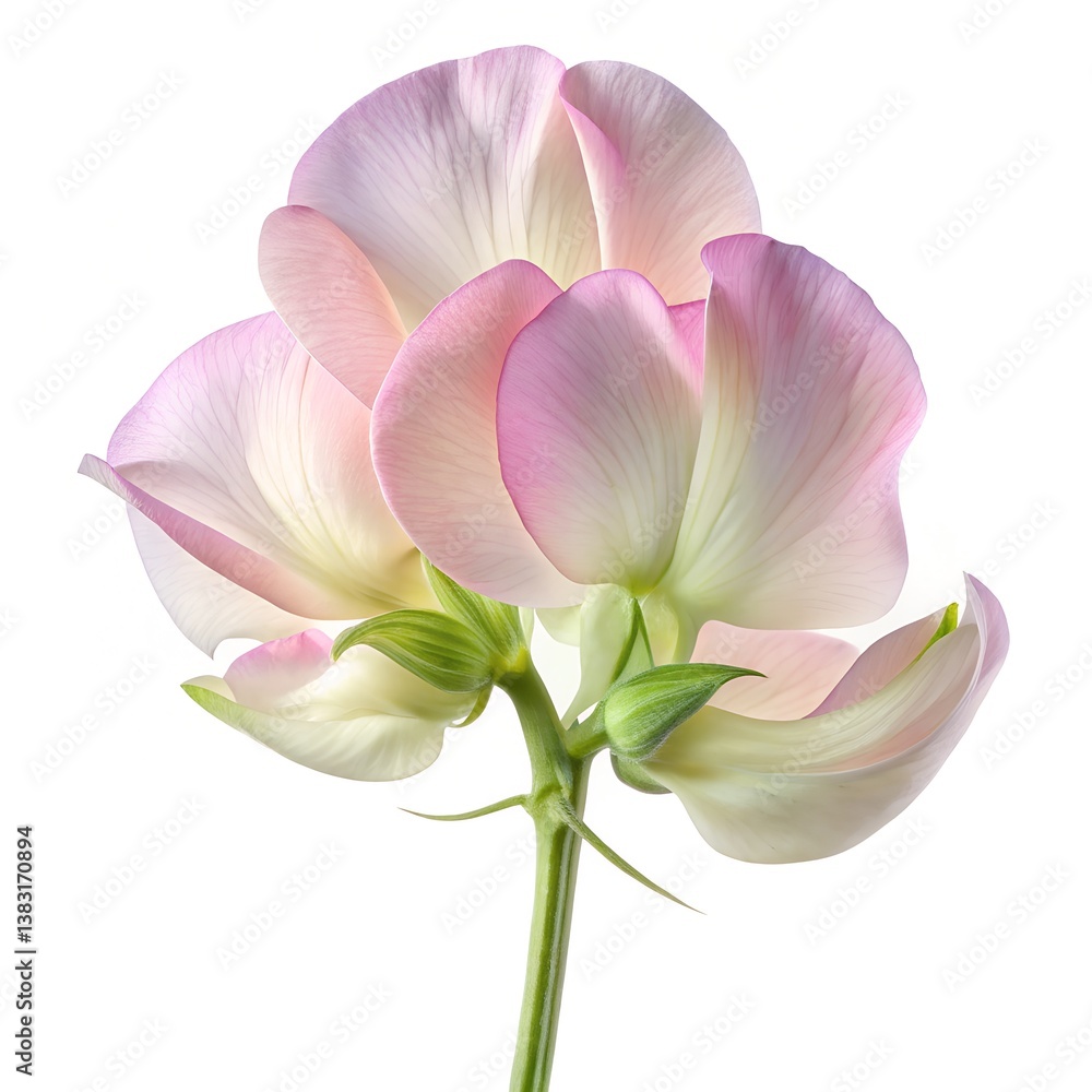 Sweet Pea flower, single sweet pea in full bloom, hyper-realistic, ultra-detailed delicate petals with soft pastel colors like pink, lavender, or white, soft natural lighting, high resolution, white b Sweet Pea flower, single sweet pea in full bloom, hyper-realistic, ultra-detailed delicate petals with soft pastel colors like pink, lavender, or white, soft natural lighting, high resolution, white b