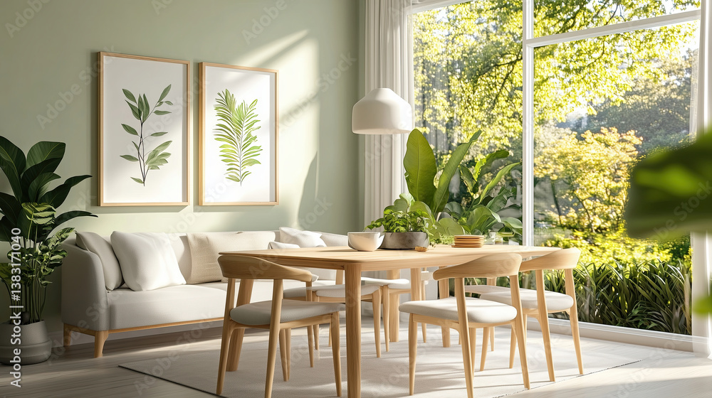 bright and airy dining room featuring wooden table, stylish chairs, and large windows with view of greenery, creating serene atmosphere bright and airy dining room featuring wooden table, stylish chairs, and large windows with view of greenery, creating serene atmosphere