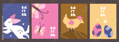 Happy easter clip art poster background set. Sunday wishes collection with colorful abstract bunny, eggs, butterfly, hen and typography decoration elements. Vector illustration greeting card design.