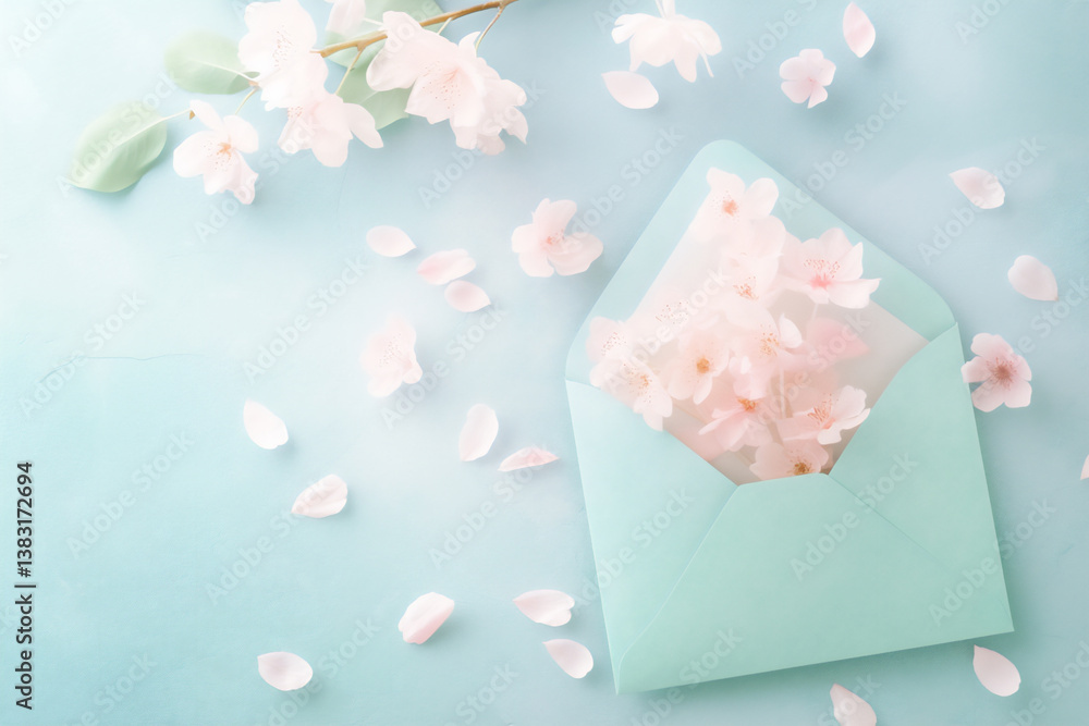 a top-down shot of a light blue envelope lying open on a light blue surfac a top-down shot of a light blue envelope lying open on a light blue surfac