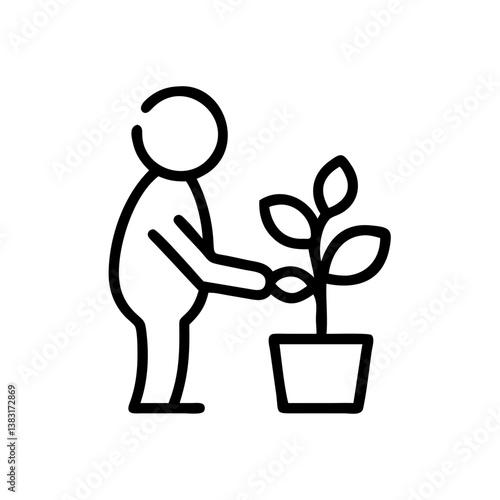 Gardener nurturing a plant in a minimalist style  