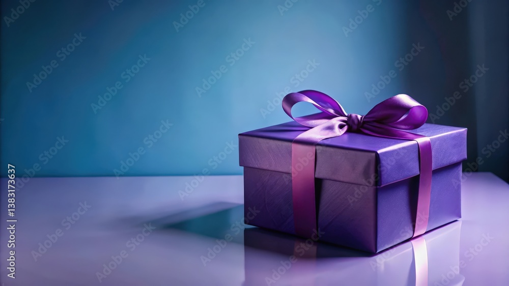 A single gift box wrapped in a purple satin ribbon sits on a reflective surface with a blue background. A single gift box wrapped in a purple satin ribbon sits on a reflective surface with a blue background.