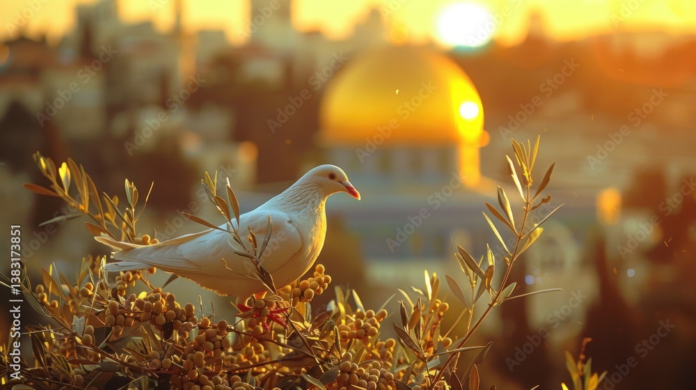 Fototapeta premium Peaceful Dove at Sunrise over Jerusalem