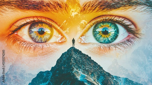 close-up of eyes, with a double exposure of a silhouette of a person standing on a mountain peak, representing overcoming obstacles and achieving dreams for the future. [Close-up of eyes]:[hopes 