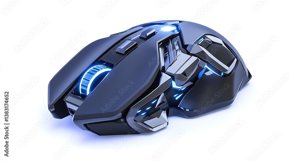 Fototapeta premium Detailed Wireless Gaming Mouse with Blue Lighting on a Clean White Background